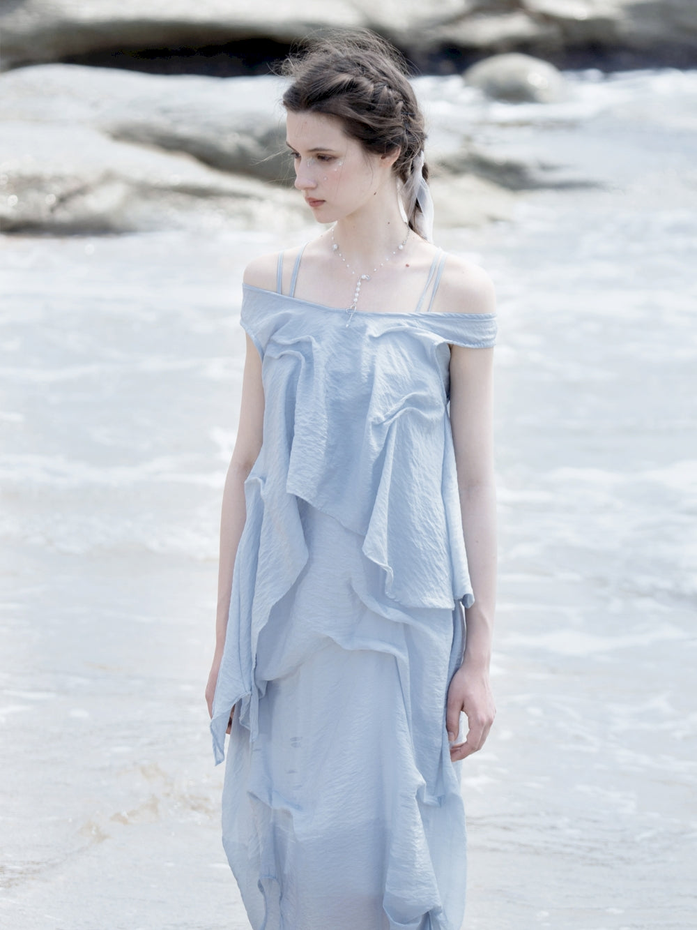 Natural Off-Shouder 2way Sheer Long Tops & One-Piece