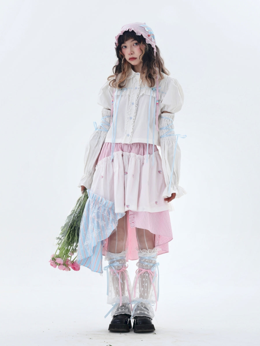 Fancy Patchwork Asymmetry Stripe Pale Girly Retro Skirt