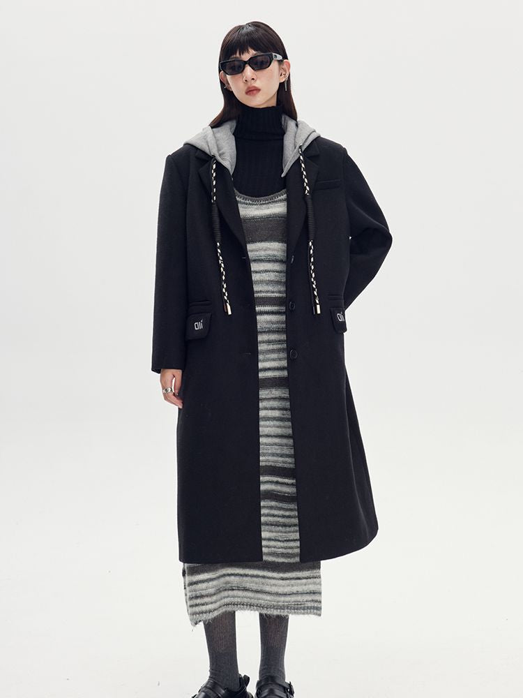 바이 컬러 까마귀 긴 캐주얼 코트