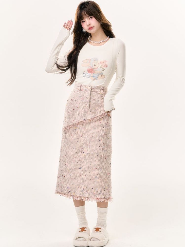 Tweed Tassel Floral Long Skirt