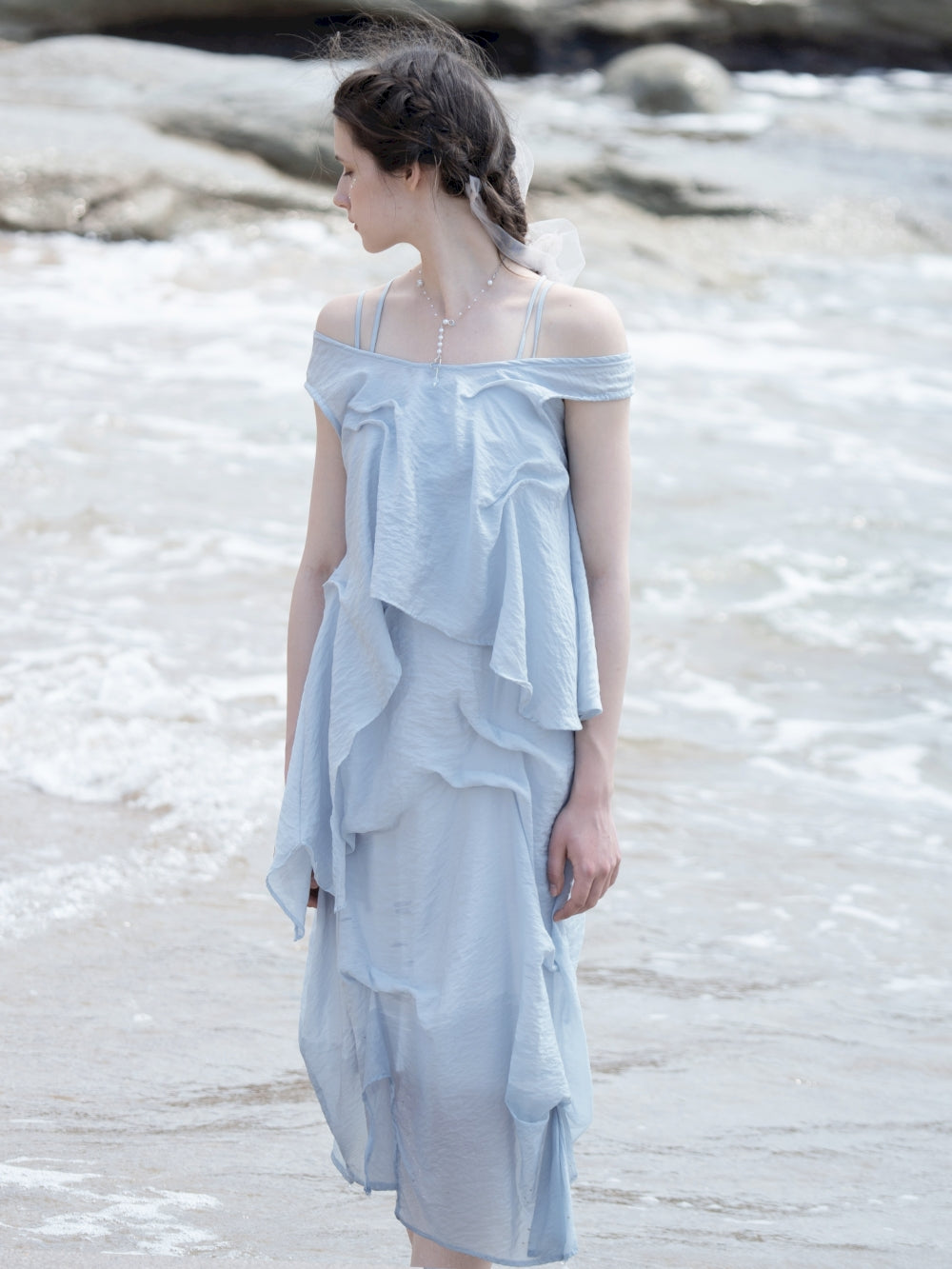 Natural Off-Shouder 2way Sheer Long Tops & One-Piece