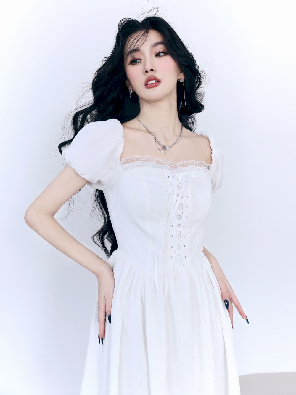 2way Puff-Sleeve Off-SHOULDER LACE-UP OP ONE-PIECE