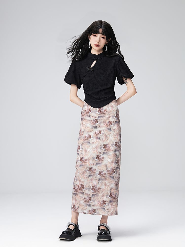 PUFF-SLEEVE FLOWER RETRO BLOUSE & PENCIL-SKIRT