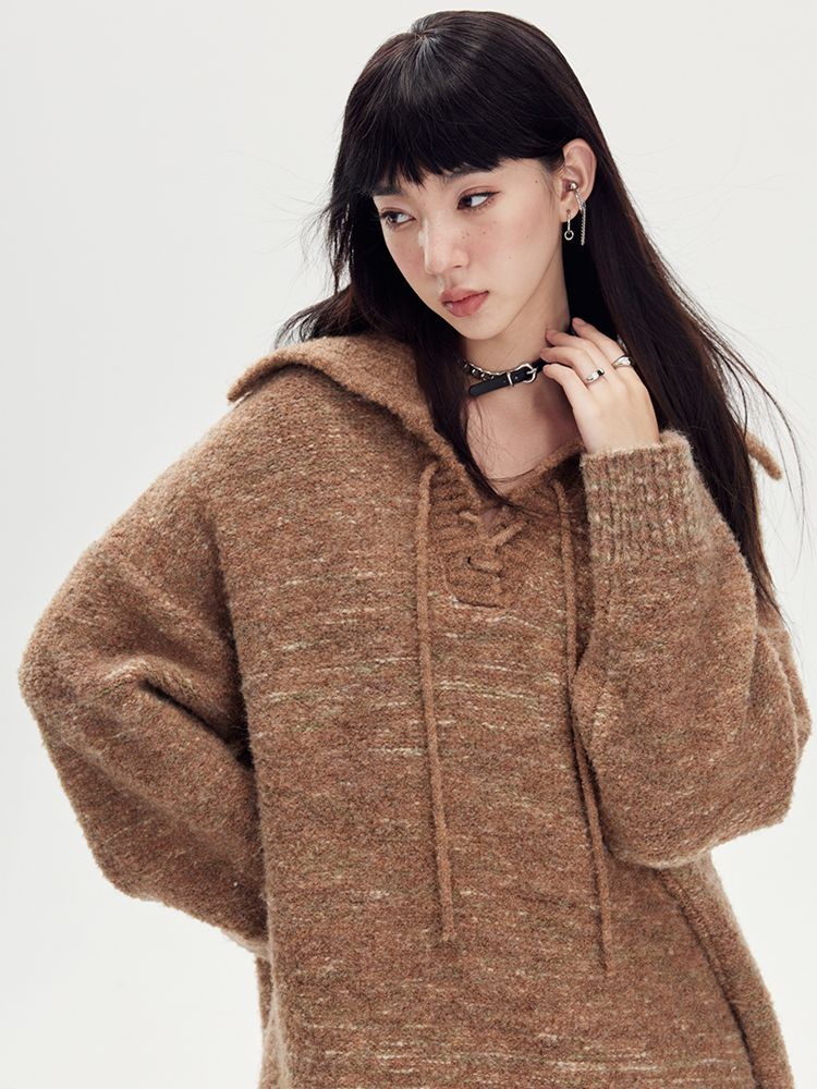 BORDER LOOSE BIG-COLLAR DAMAGE LACE-UP KNIT