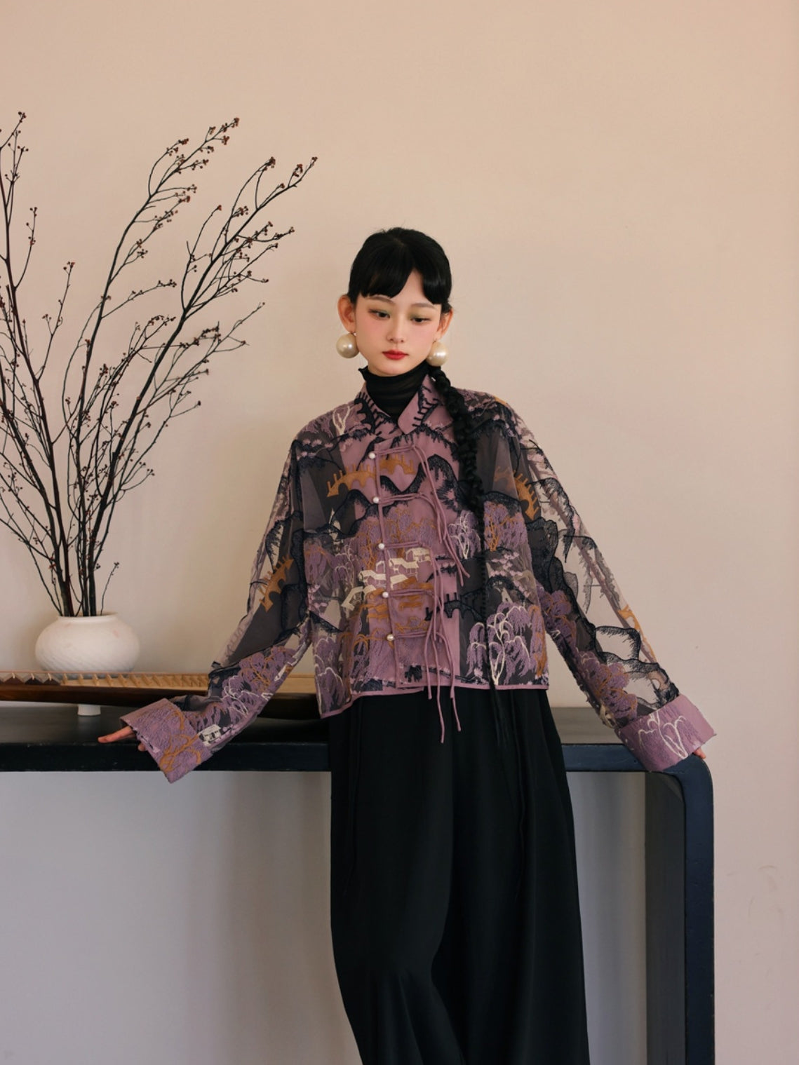 자수 중국 레트로 시프 스루 탑