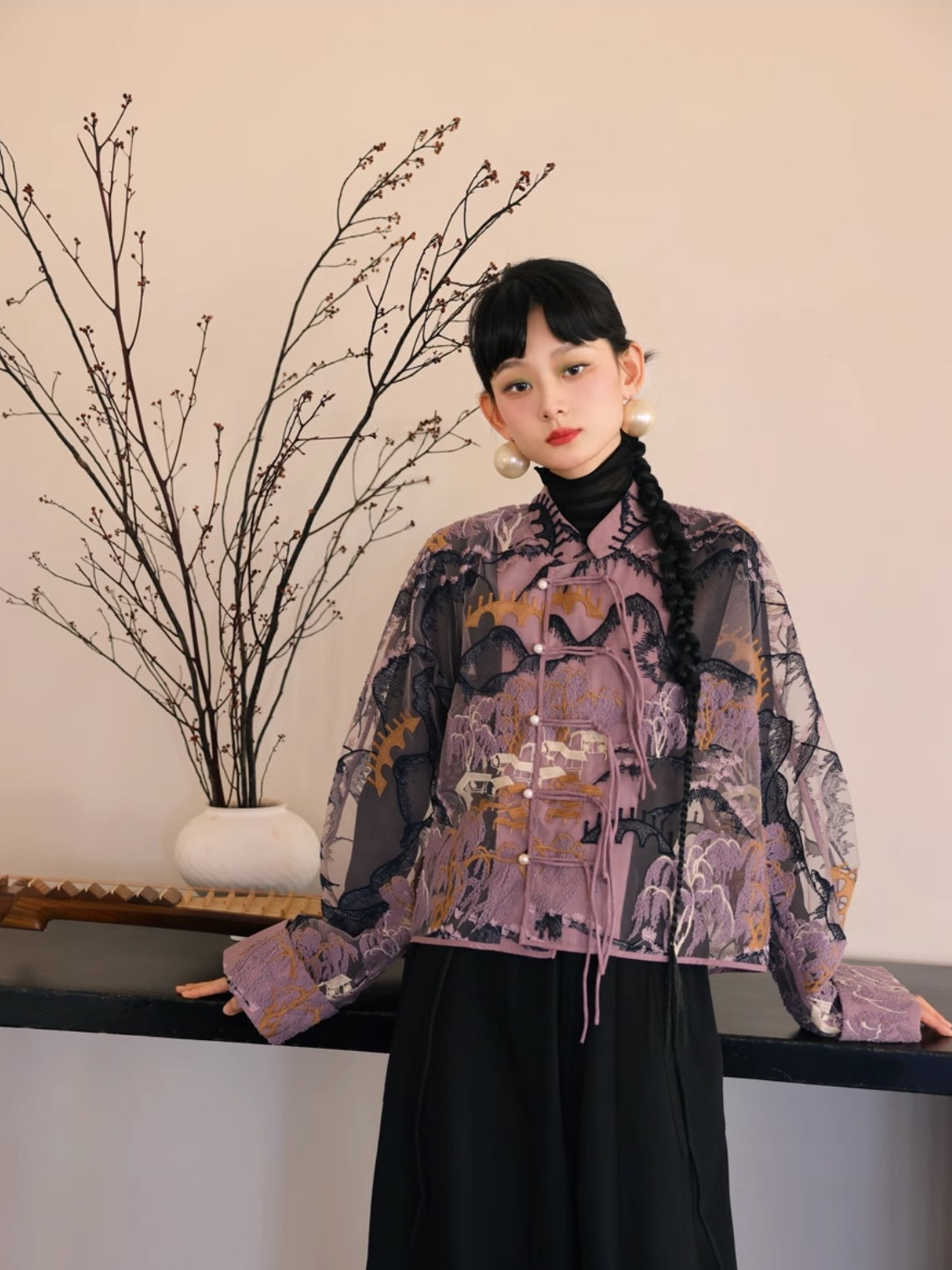 자수 중국 레트로 시프 스루 탑