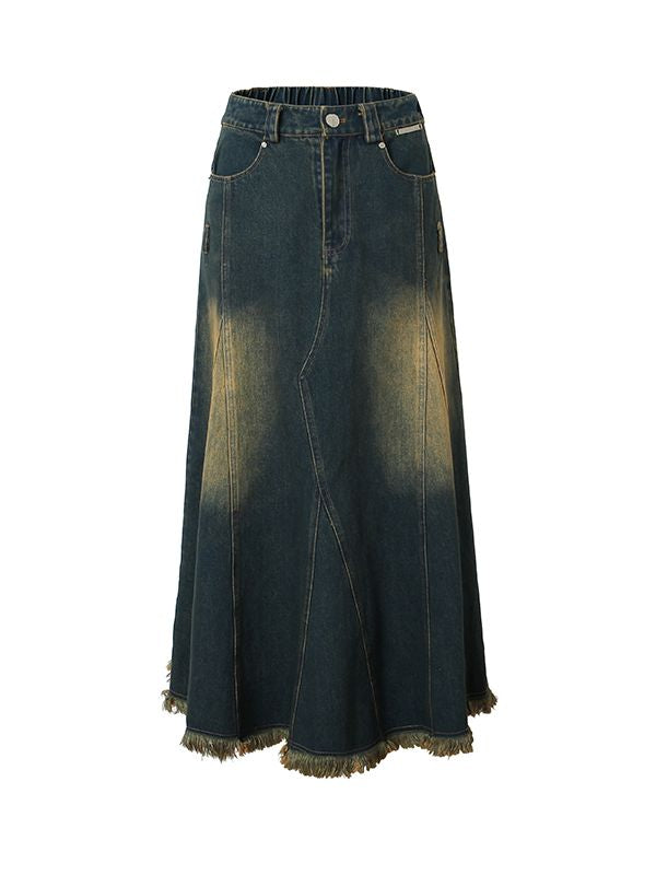 Cut-off Vintage Faded Flare Denim Long-Skirt