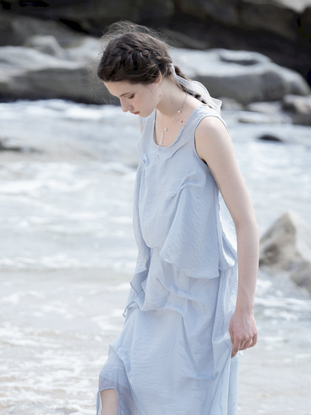 Natural Off-Shouder 2way Sheer Long Tops & One-Piece