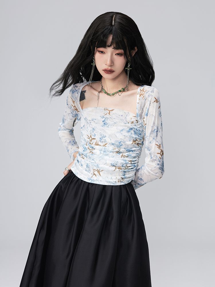 Classy Drape Flower Thin Tops&Flare-Skirt