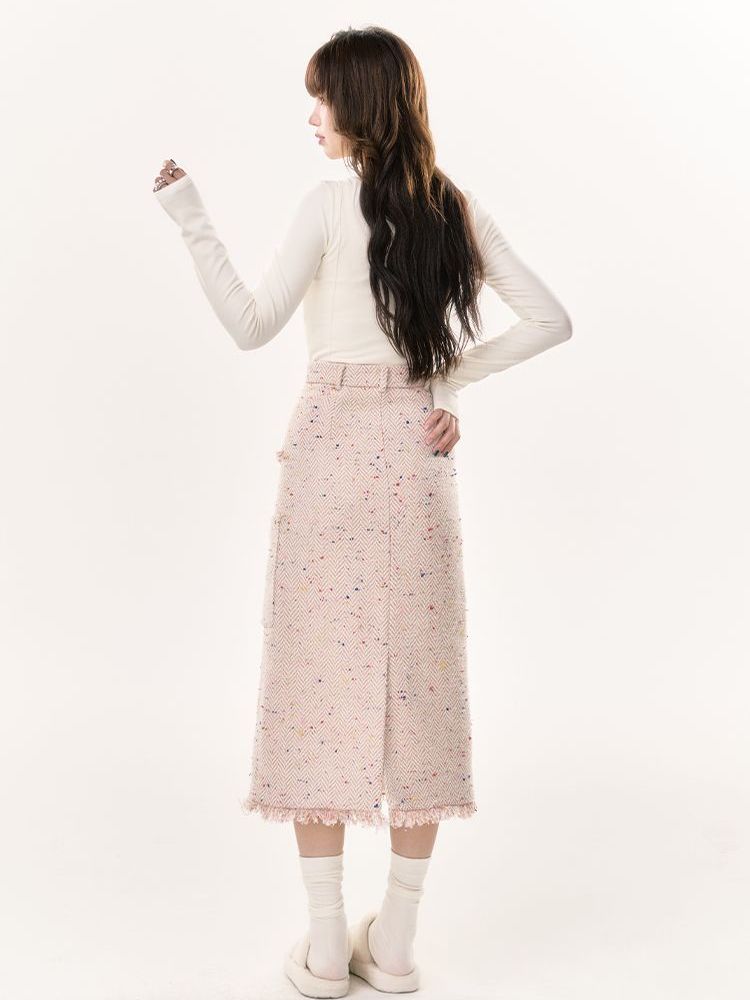Tweed Tassel Floral Long Skirt