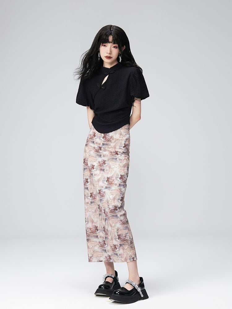 PUFF-SLEEVE FLOWER RETRO BLOUSE & PENCIL-SKIRT