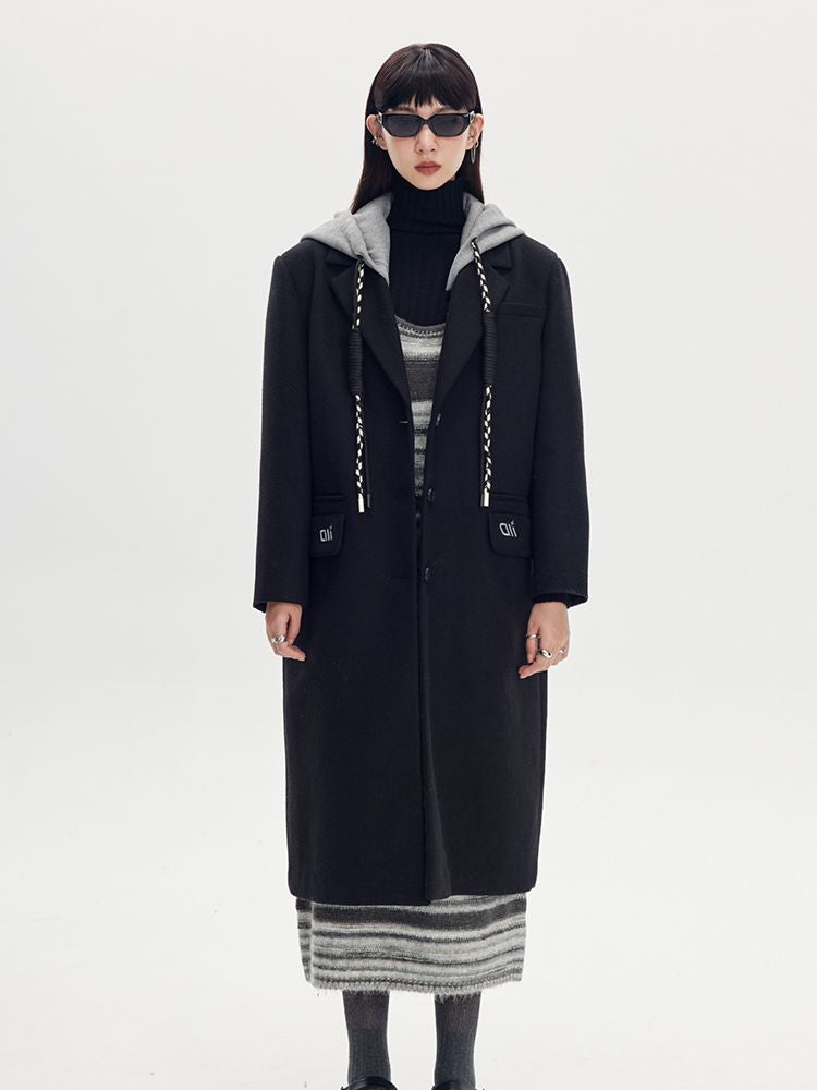 바이 컬러 까마귀 긴 캐주얼 코트