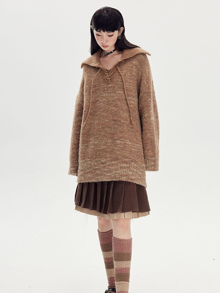 BORDER LOOSE BIG-COLLAR DAMAGE LACE-UP KNIT