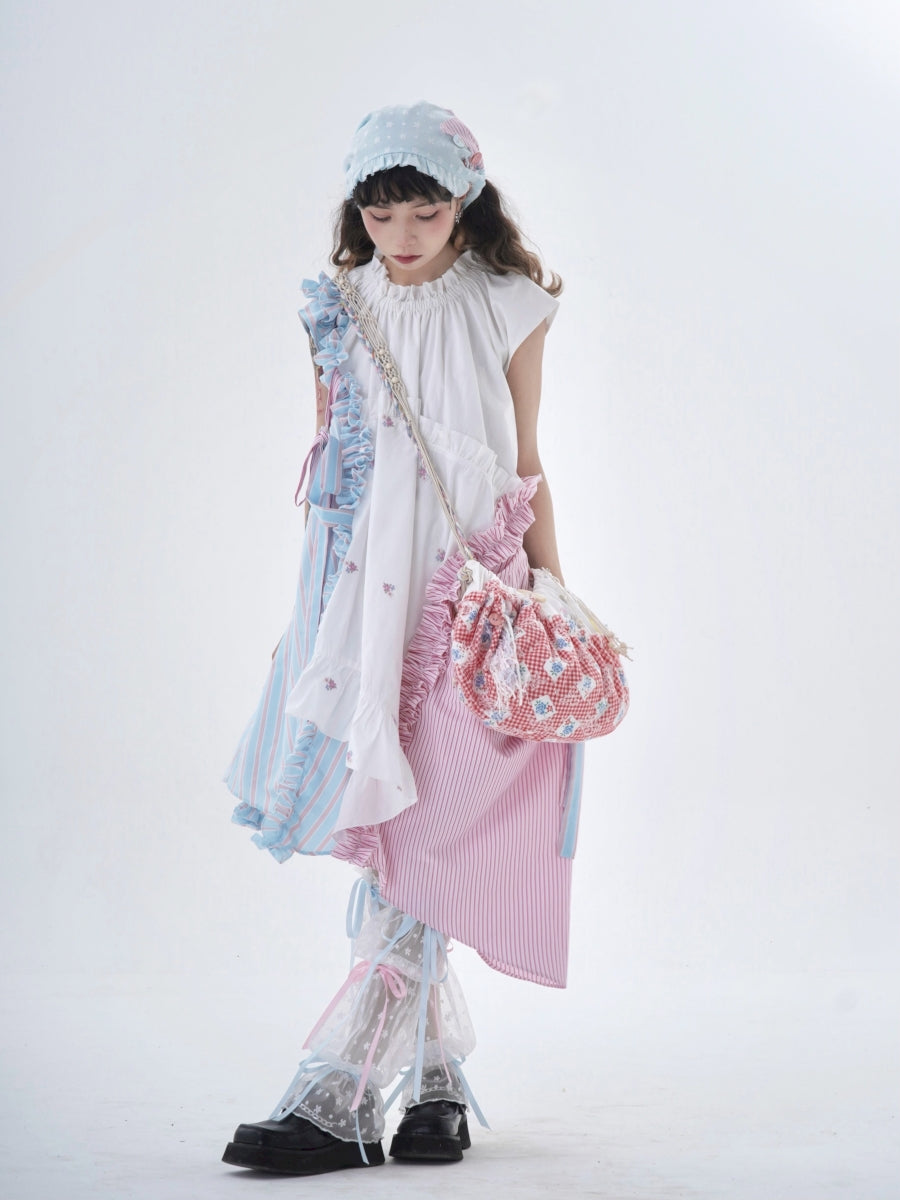 Fancy Patchwork Asymmetry Stripe Pale Girly Retro One-Piece