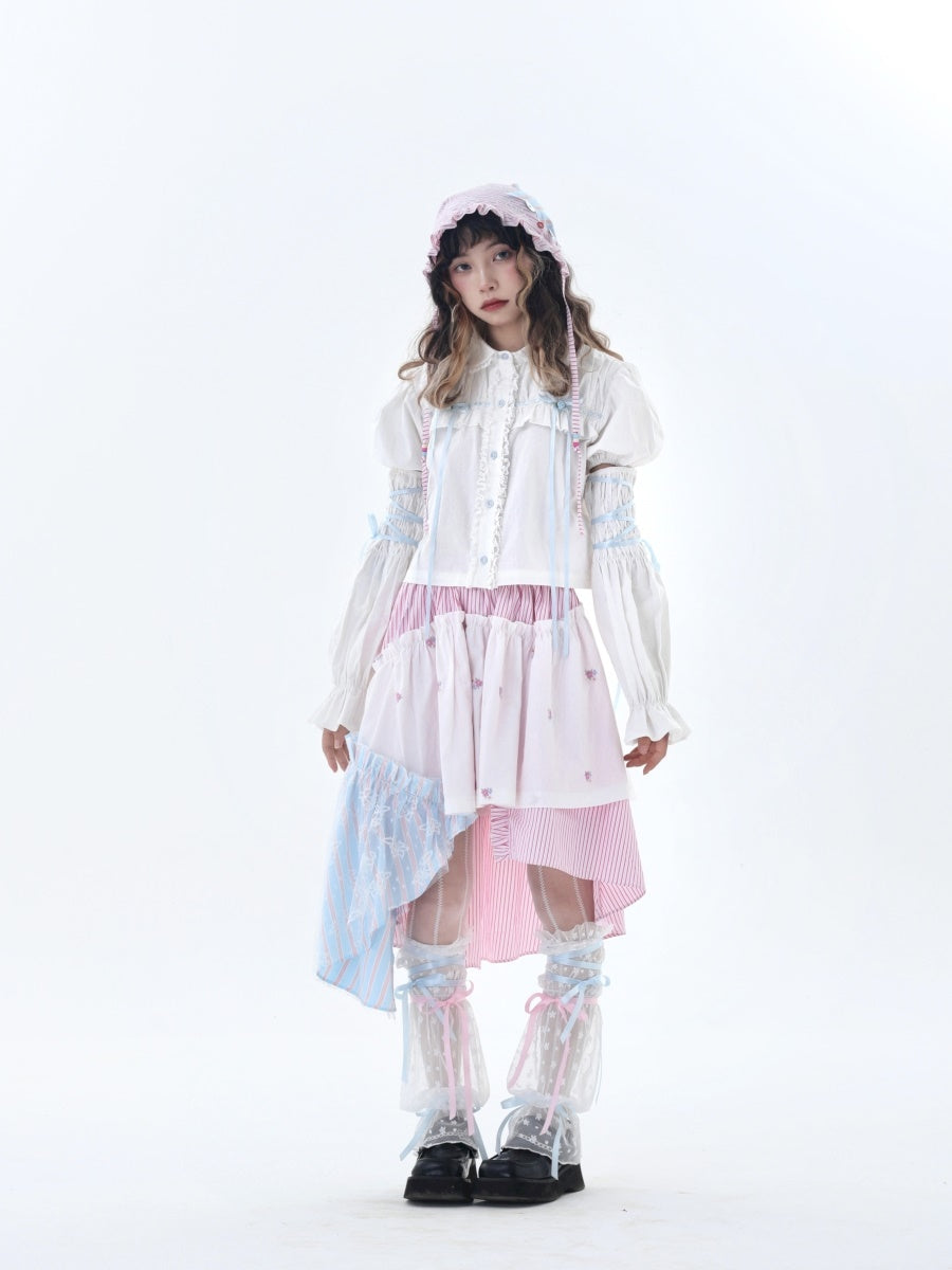 Fancy Patchwork Asymmetry Stripe Pale Girly Retro Skirt
