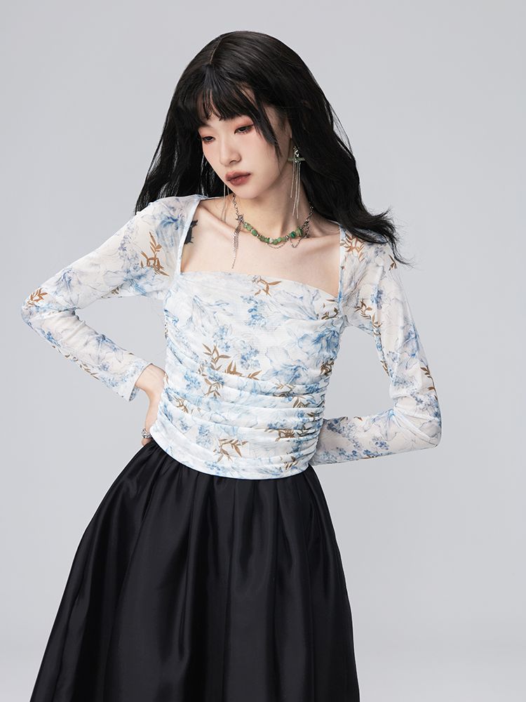 Classy Drape Flower Thin Tops&Flare-Skirt