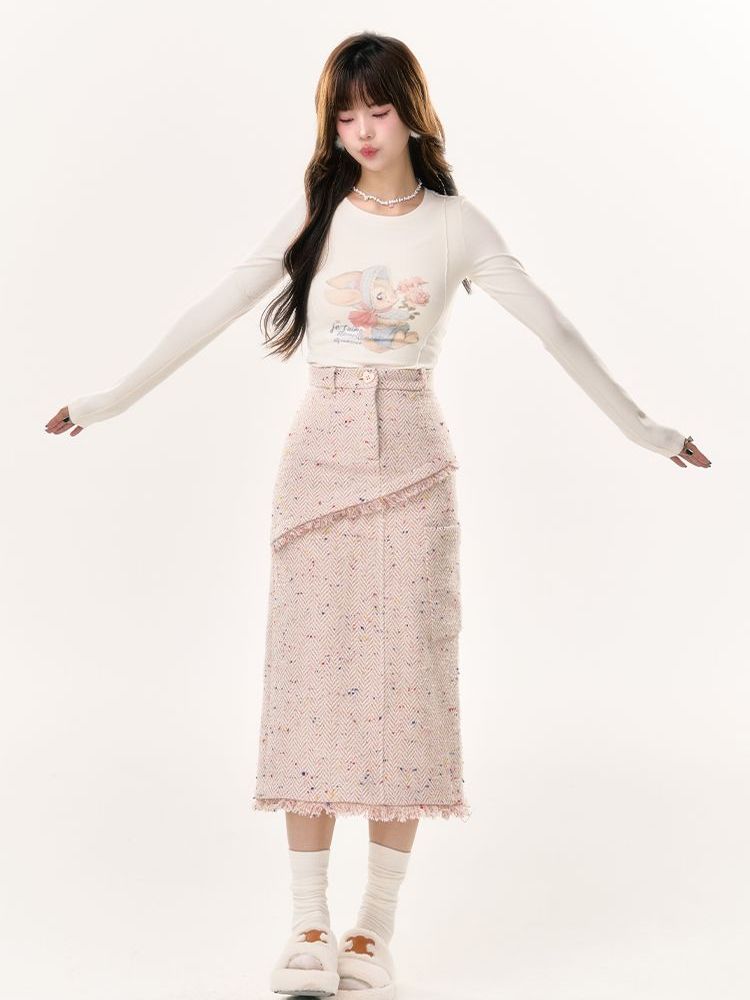 Tweed Tassel Floral Long Skirt
