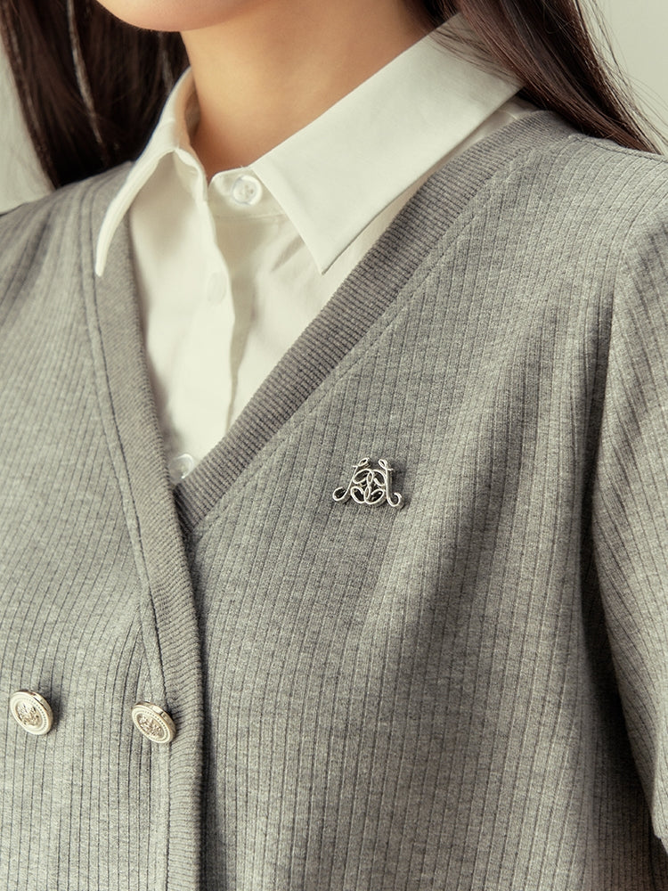 V-NECK COLLEGE SHORL KNIT HALF-SLEEVE CARDIGAN