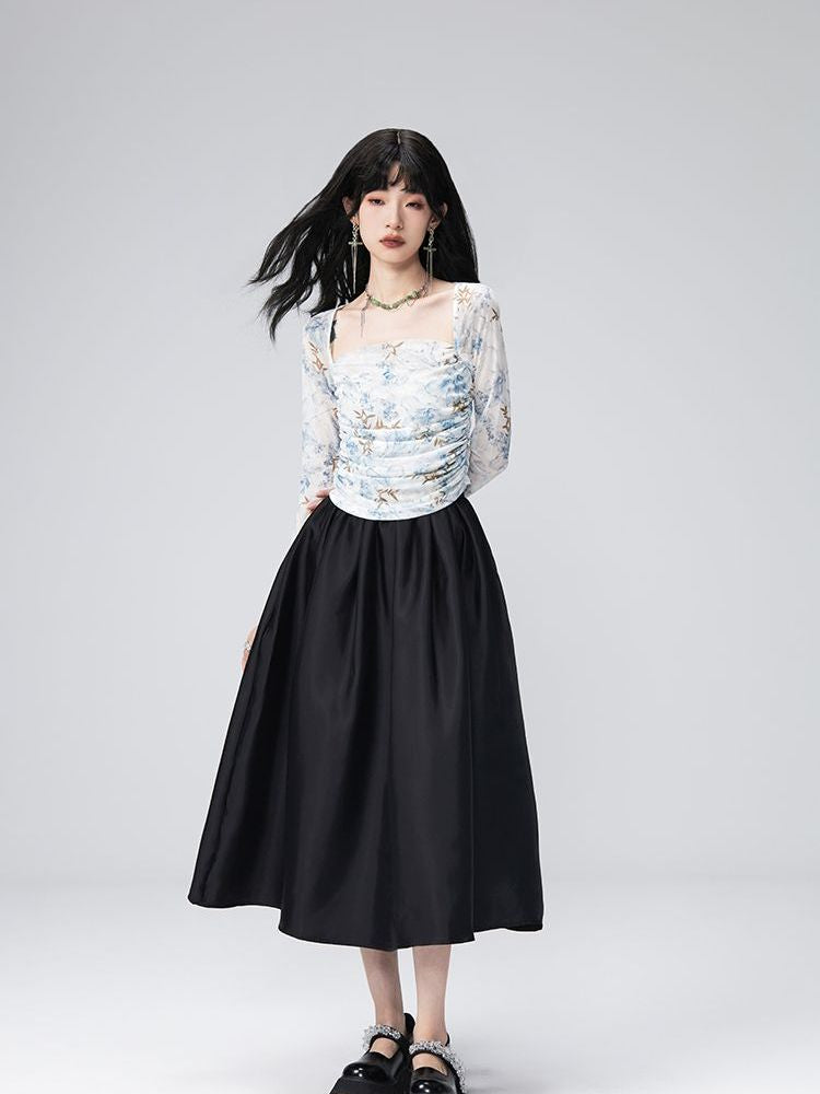 Classy Drape Flower Thin Tops&Flare-Skirt