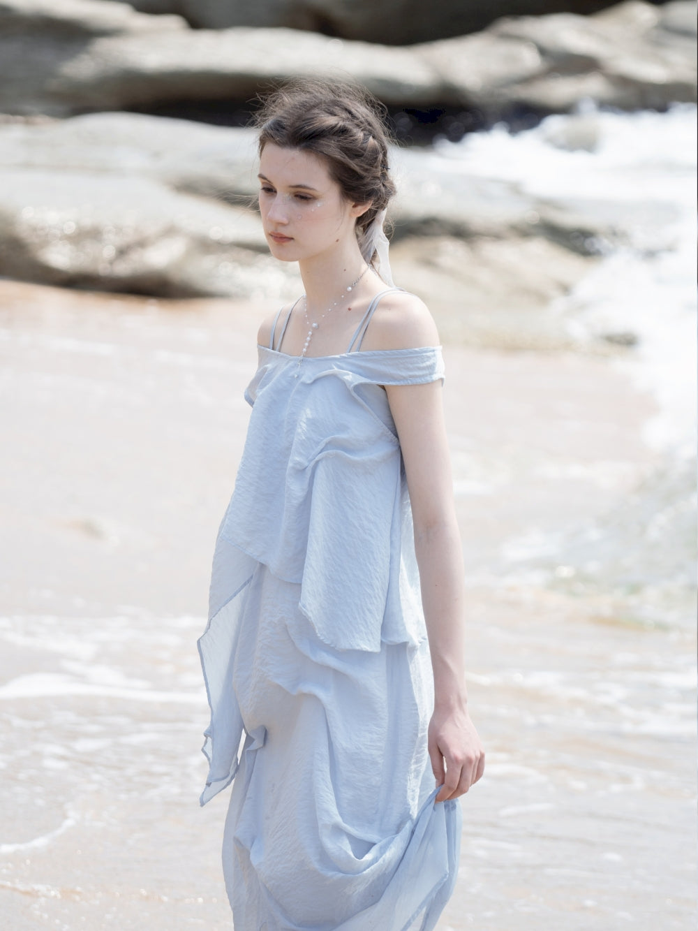 Natural Off-Shouder 2way Sheer Long Tops & One-Piece