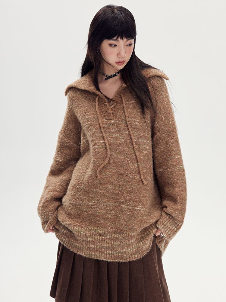 BORDER LOOSE BIG-COLLAR DAMAGE LACE-UP KNIT