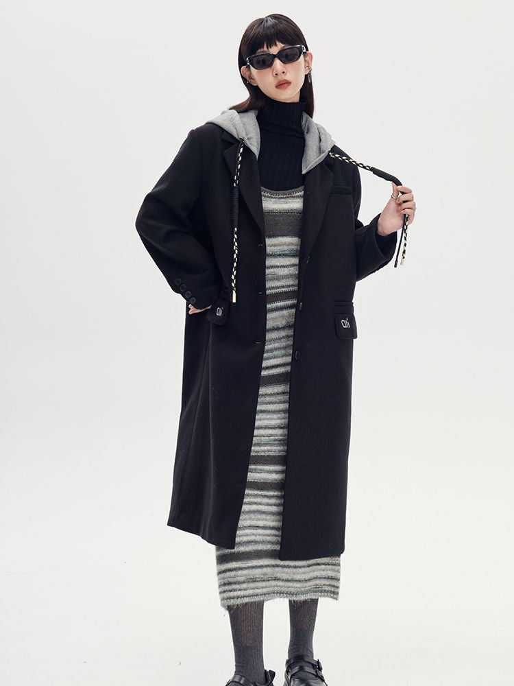 바이 컬러 까마귀 긴 캐주얼 코트