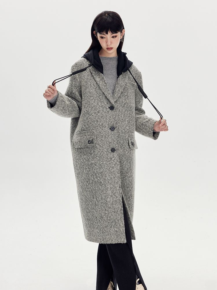 바이 컬러 까마귀 긴 캐주얼 울 코트