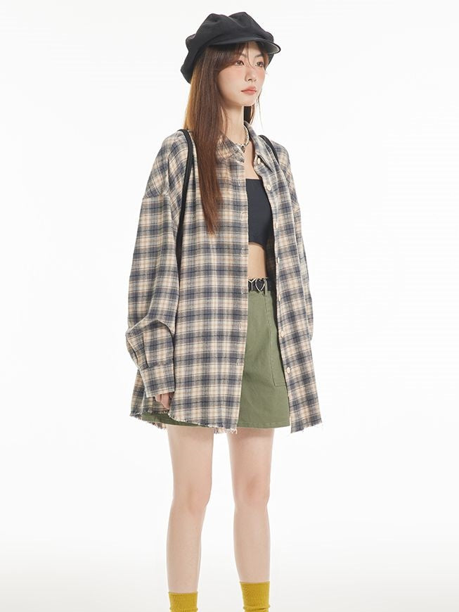 격자 무늬 대형 레트로 빈티지 셔츠
