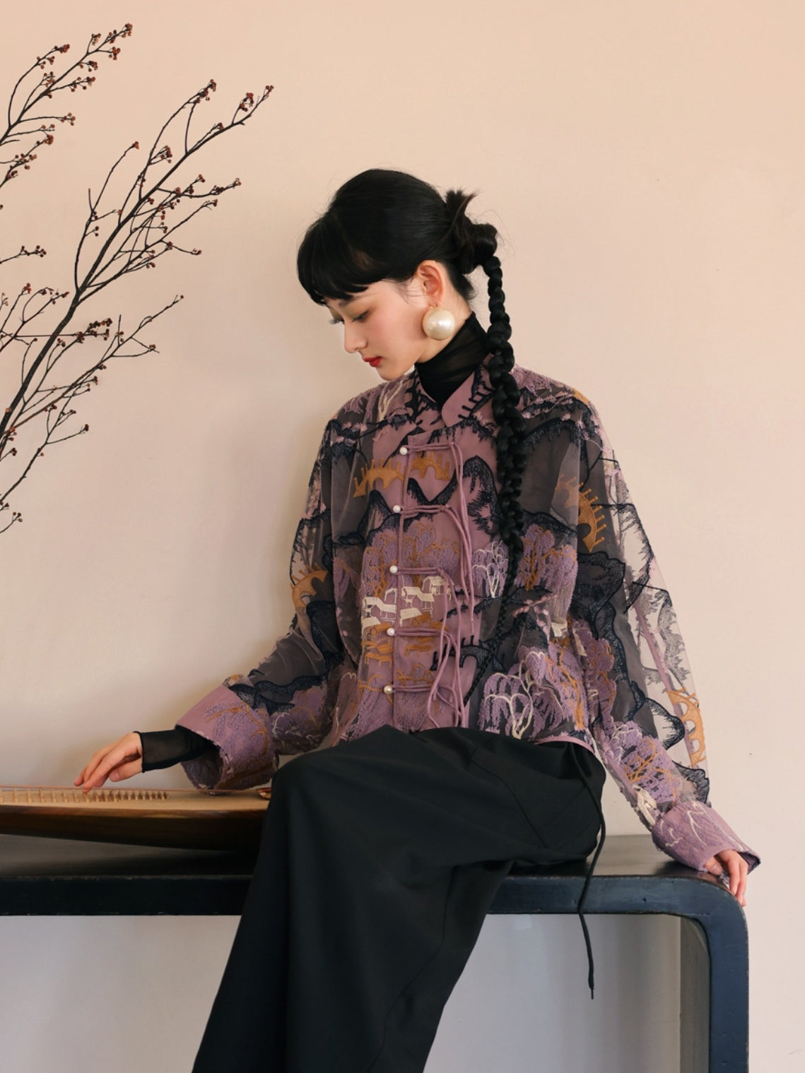 자수 중국 레트로 시프 스루 탑