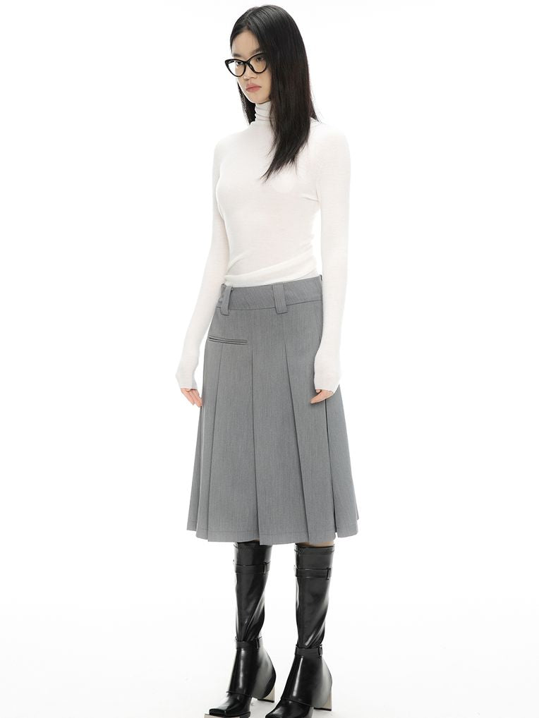 Box-Pleats Plain Flare Asymmetry Skirt