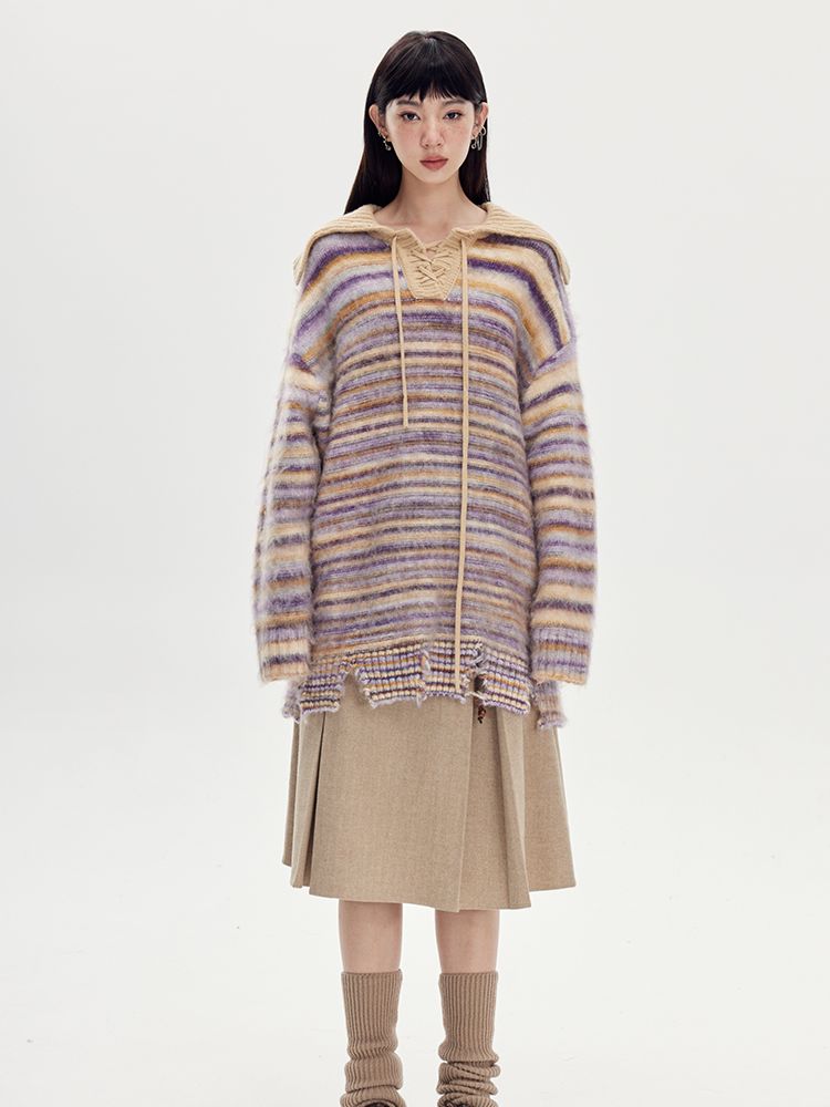 BORDER LOOSE BIG-COLLAR DAMAGE LACE-UP KNIT