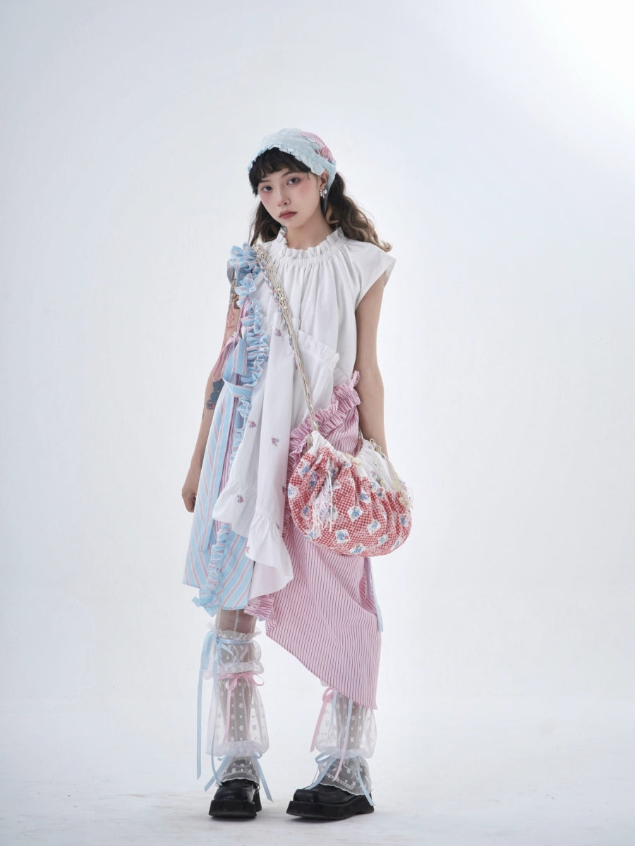 Fancy Patchwork Asymmetry Stripe Pale Girly Retro One-Piece