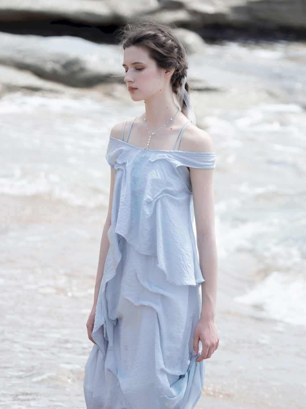 Natural Off-Shouder 2way Sheer Long Tops & One-Piece