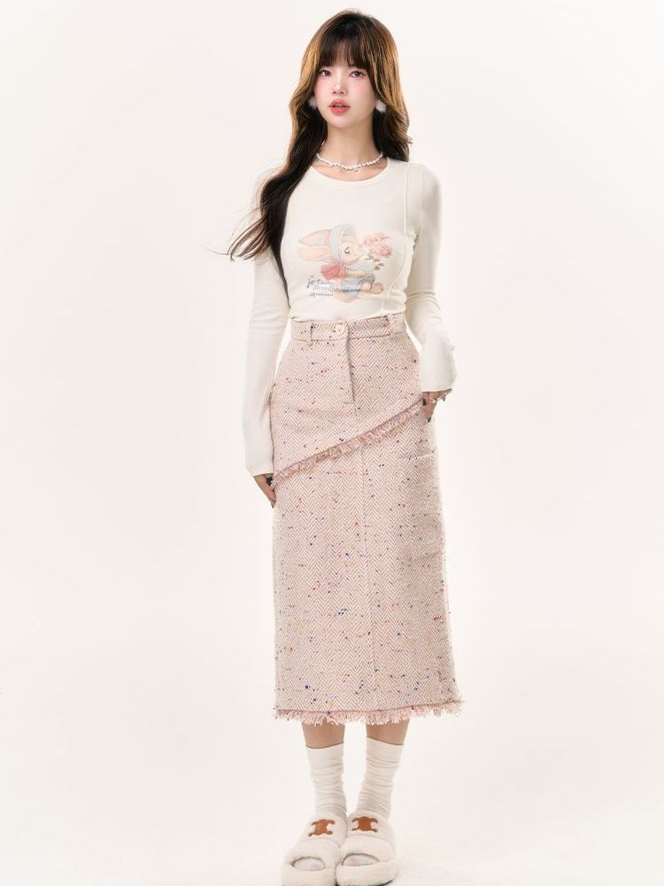 Tweed Tassel Floral Long Skirt