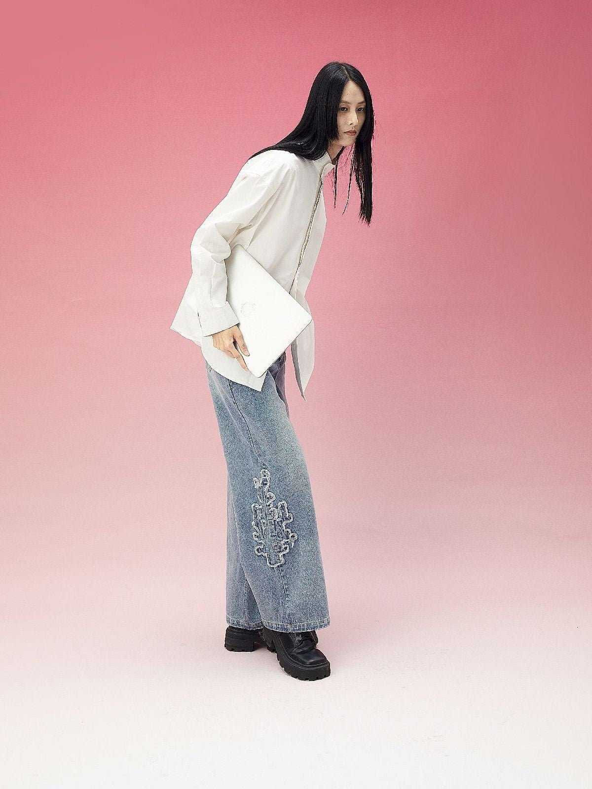 스탠드 콜라 자수 전면 비행 셔츠