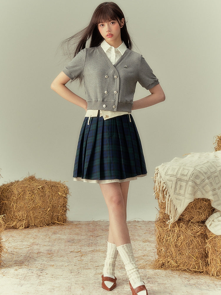 V-NECK COLLEGE SHORL KNIT HALF-SLEEVE CARDIGAN