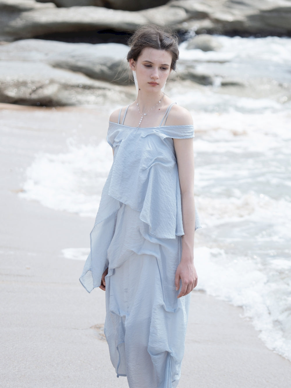 Natural Off-Shouder 2way Sheer Long Tops & One-Piece