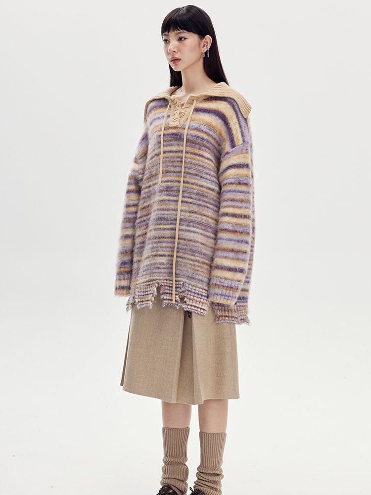 BORDER LOOSE BIG-COLLAR DAMAGE LACE-UP KNIT