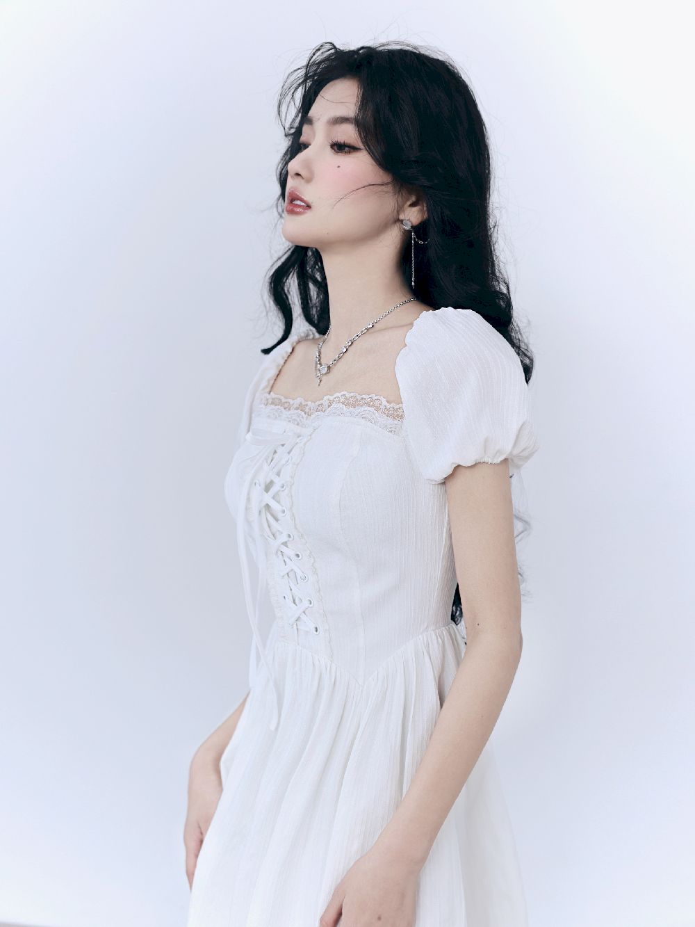 2way Puff-Sleeve Off-SHOULDER LACE-UP OP ONE-PIECE