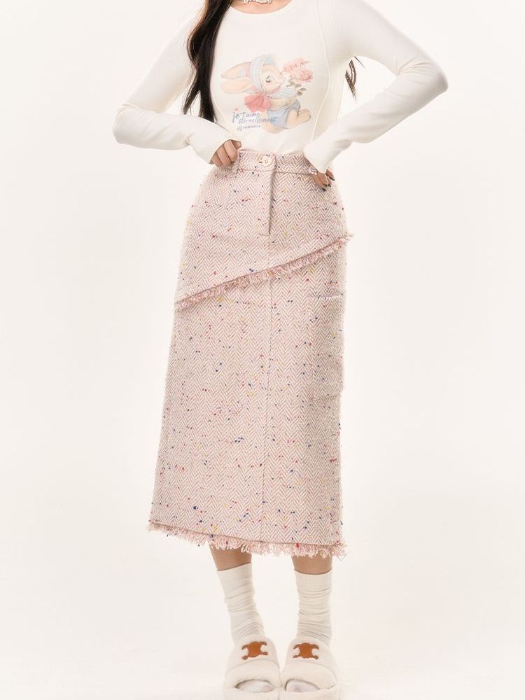 Tweed Tassel Floral Long Skirt