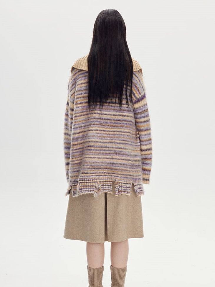 BORDER LOOSE BIG-COLLAR DAMAGE LACE-UP KNIT