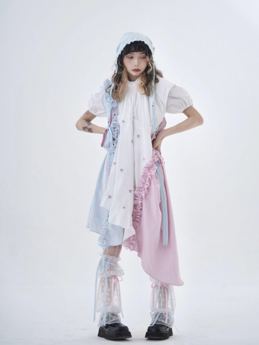 Fancy Patchwork Asymmetry Stripe Pale Girly Retro One-Piece