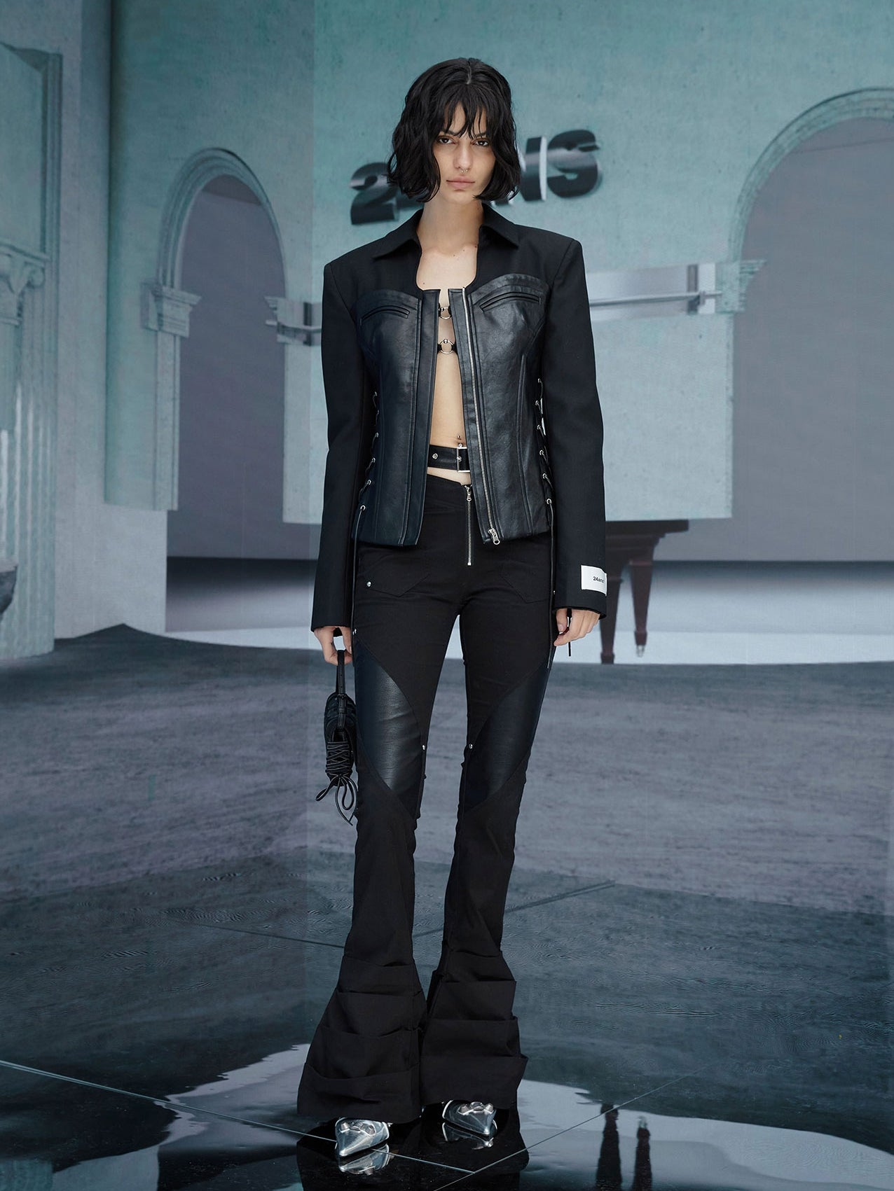 Leather Handsome Cool Lace-up Tops&Skirt