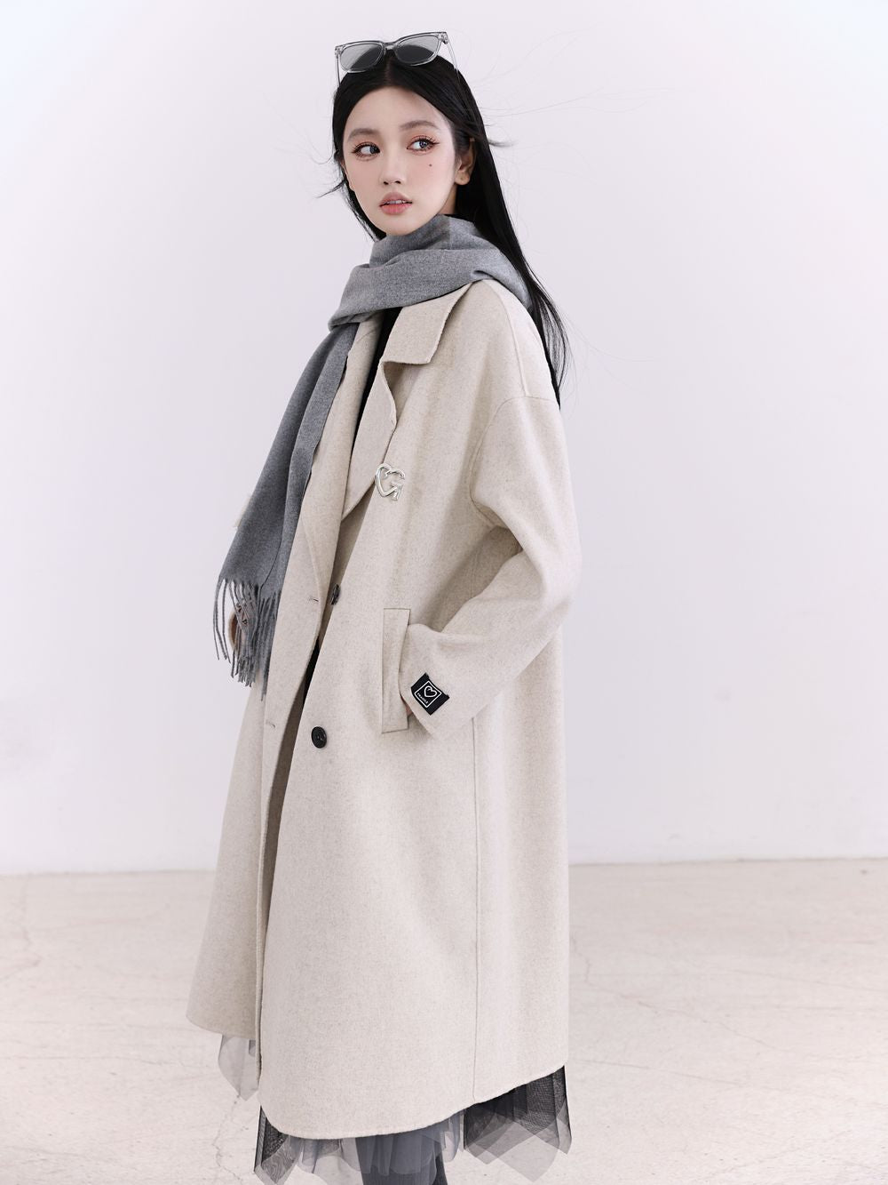 Wool Double-Button Plain Classy Long-Coat
