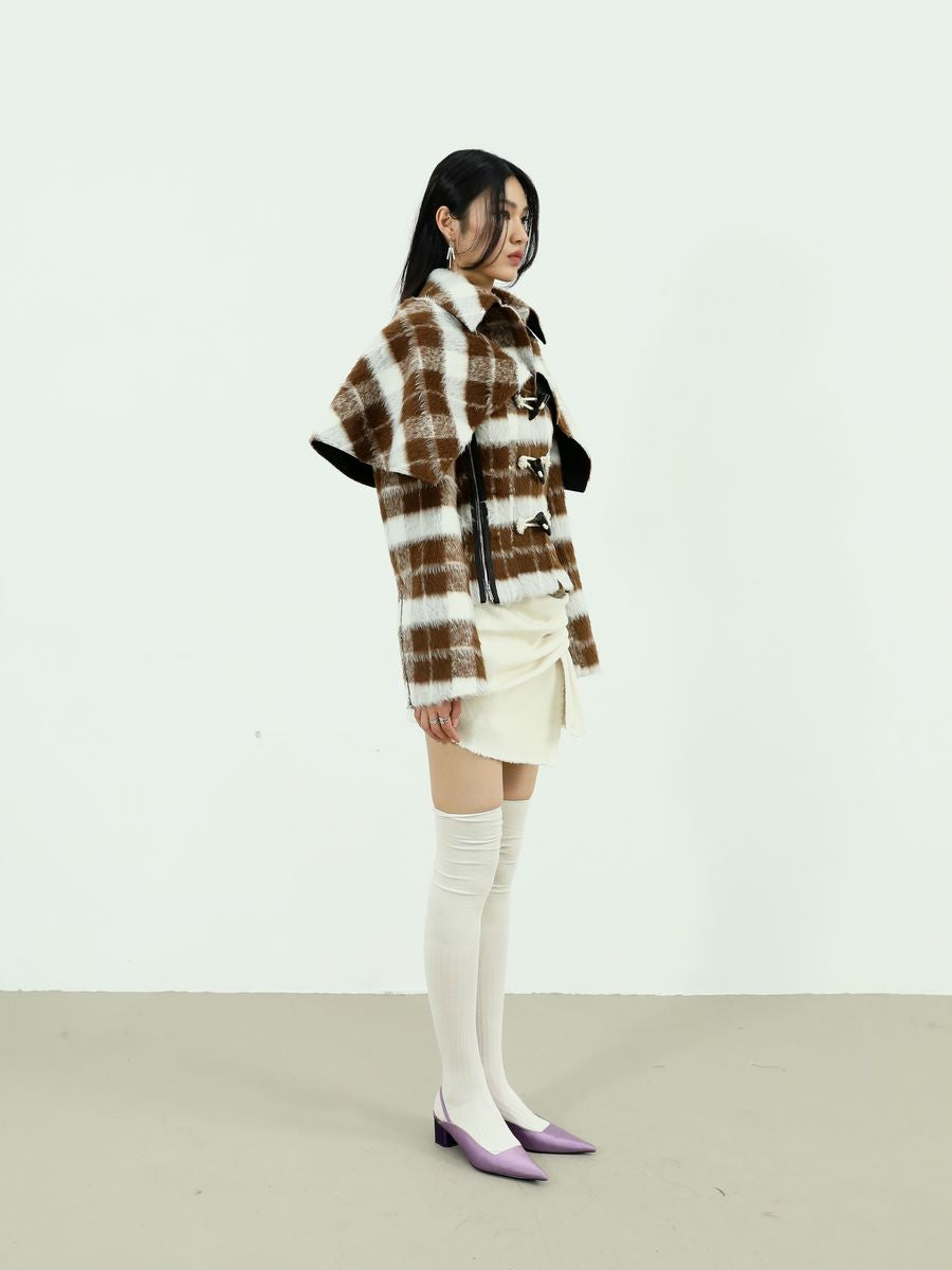 BIG-COLLAR CHECKED FLUFFY RETRO WOOL COAT