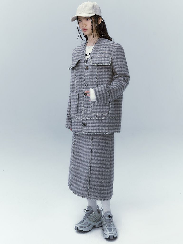 Checked Retro Wool Jacket & Skirt Set-UP