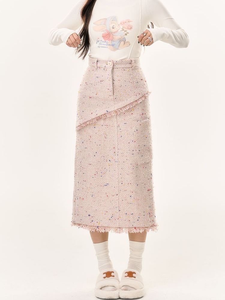 Tweed Tassel Floral Long Skirt