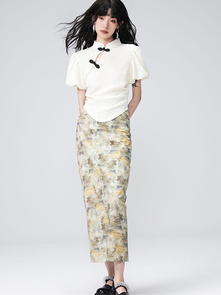 PUFF-SLEEVE FLOWER RETRO BLOUSE & PENCIL-SKIRT