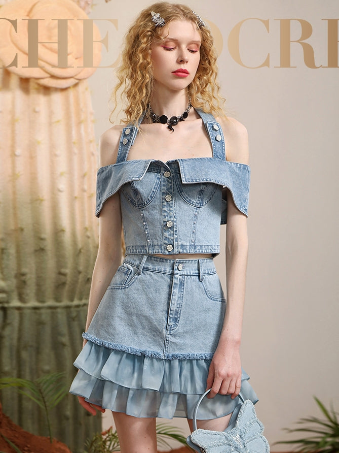 Tops & Rock Off-Shoulder-Frill Denim Lace Mix Nichi Setup