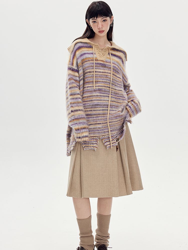 BORDER LOOSE BIG-COLLAR DAMAGE LACE-UP KNIT